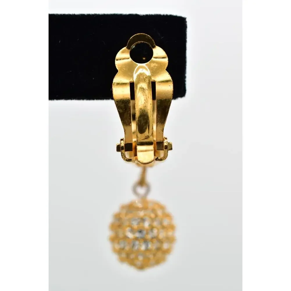 Swaovski Vintage Crystal Clip On Earrings Ball Dangle Gold Swan Signed 80s BinBJ